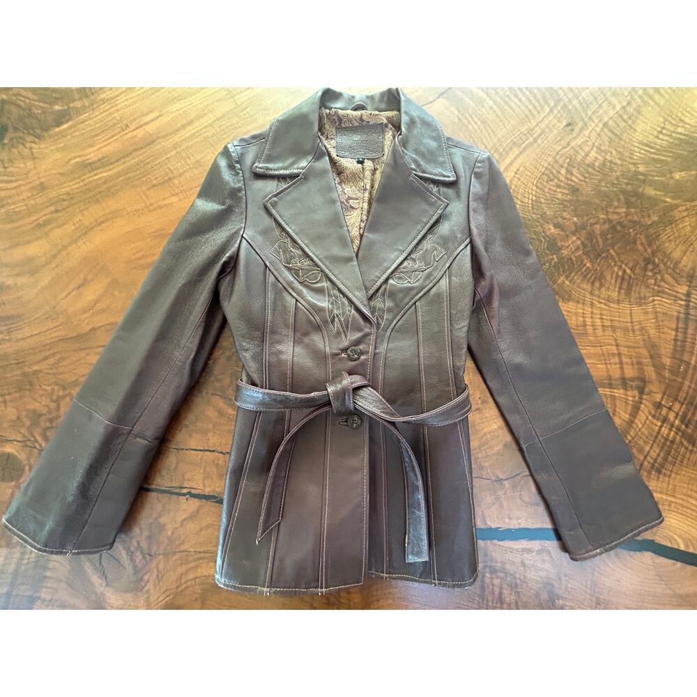 Vintage 90s Western Leather Applique Trench Blazer Jacket w/ Belt M
